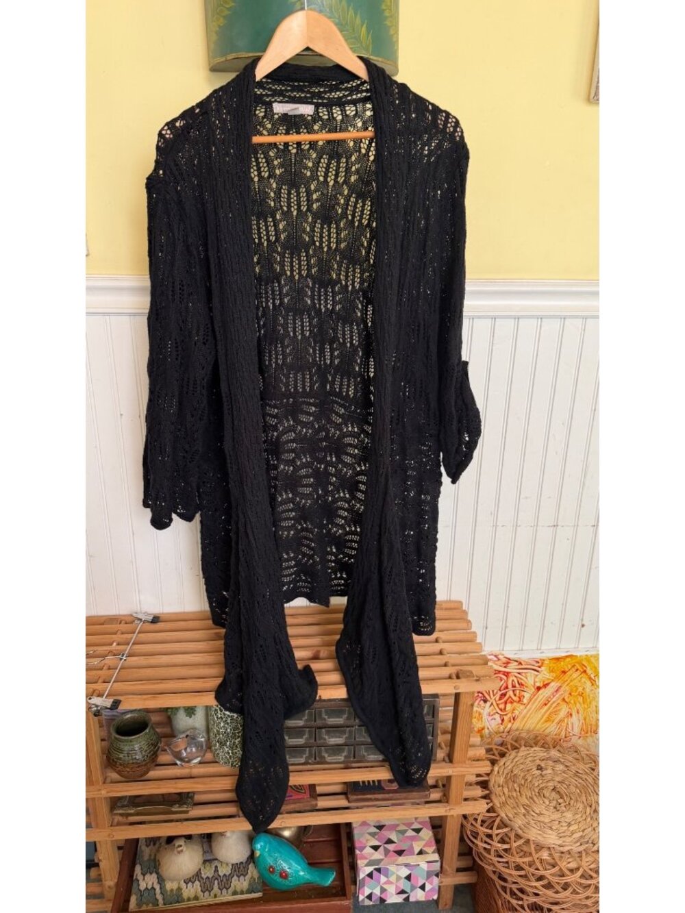 Woman Within Black Open Front Crochet Cardigan Sweater L 18/20 Ramie Cotton Blen